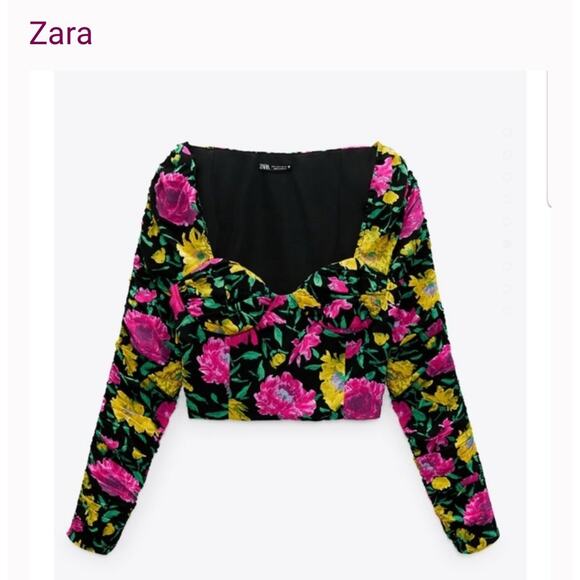 ZARA Floral Peasant Preppy Blouse Crop Top Size Large NWT - Picture 2 of 12